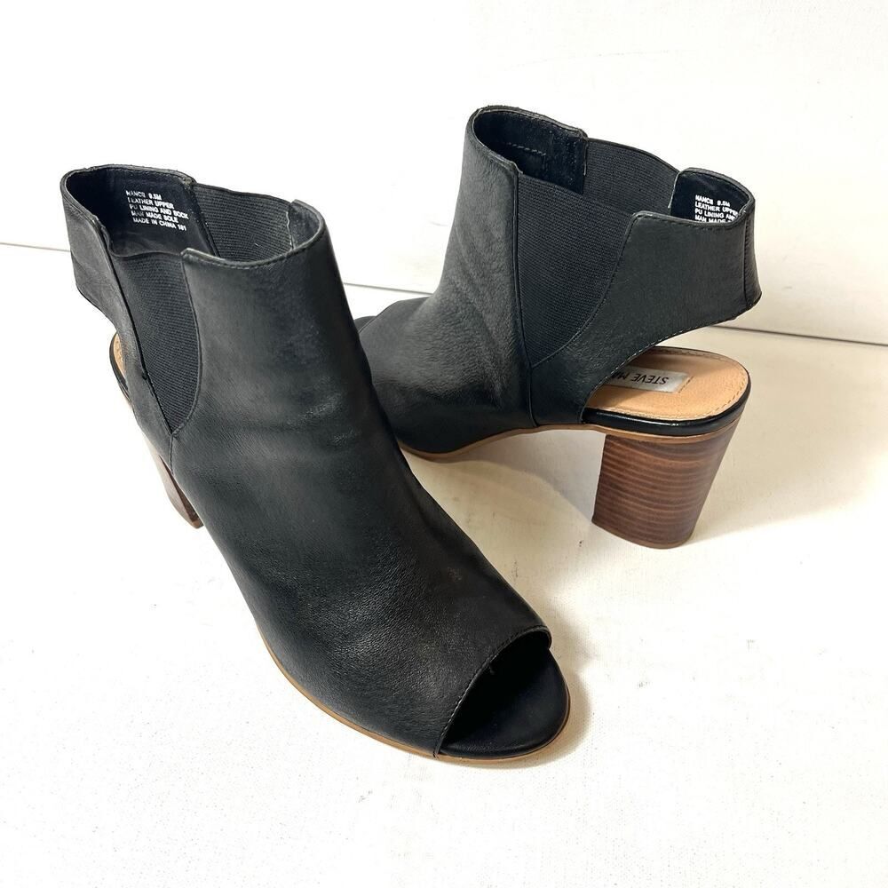 Steve Madden Womens Sz 9.5 M Black Leather Peep Toe Ankle Sling Back Block Heels